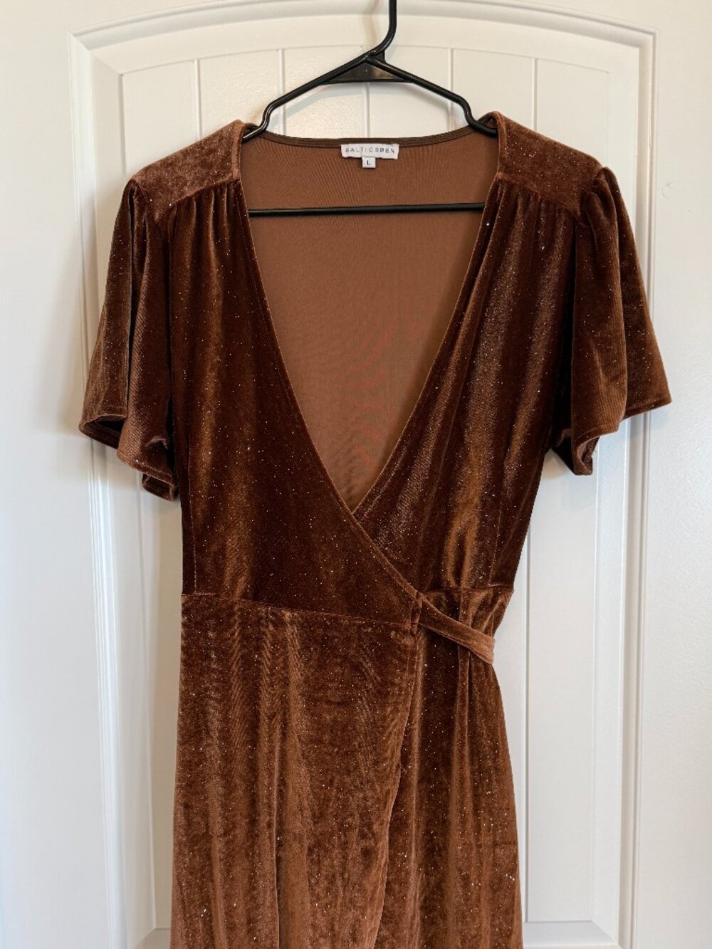 Baltic Børn bronze glitter velvet wrap dress with short flutter sleeves. Size L